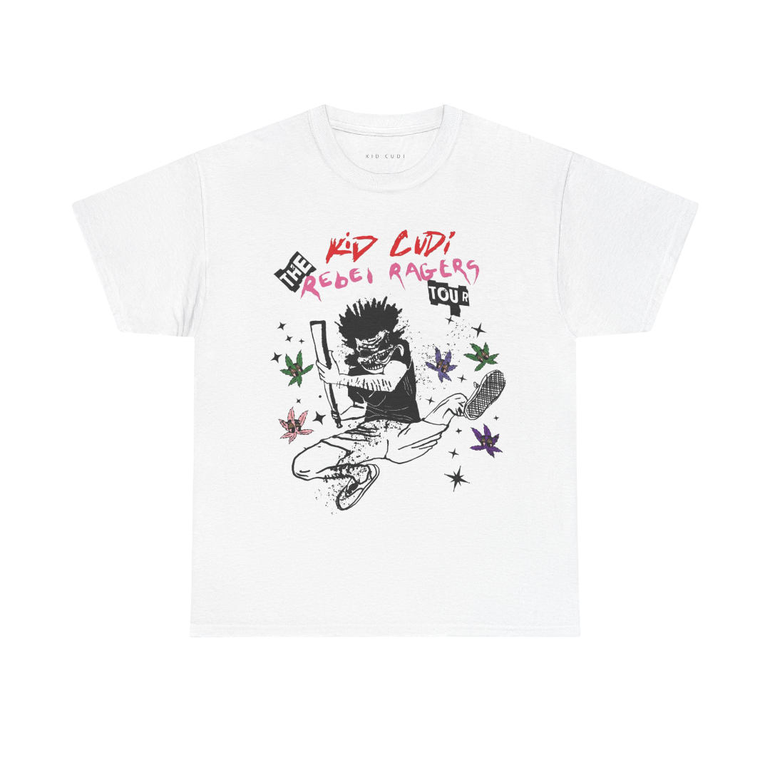 KiD CuDi Tour Merch - Rebel Ragers Bat Graphic White Tee